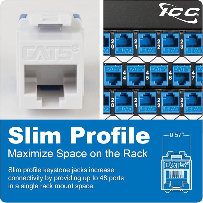 ICC CAT5e Keystone Jack with Slim Profile 180 Degree Punch Down, RJ45 UL Listed - Image 3