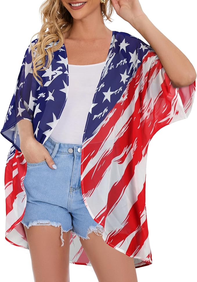 Women's Floral Print Puff Sleeve Kimono Cardigan Loose Cover Up Casual Blouse - Image 5