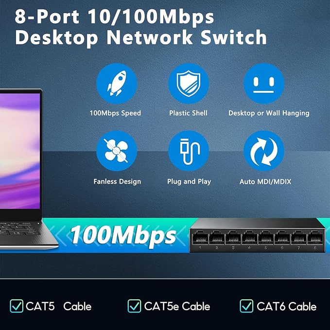8 Port 100Mbps Fast Ethernet Switch USB 5V Powered Network Hub Plug and Play - Image 5