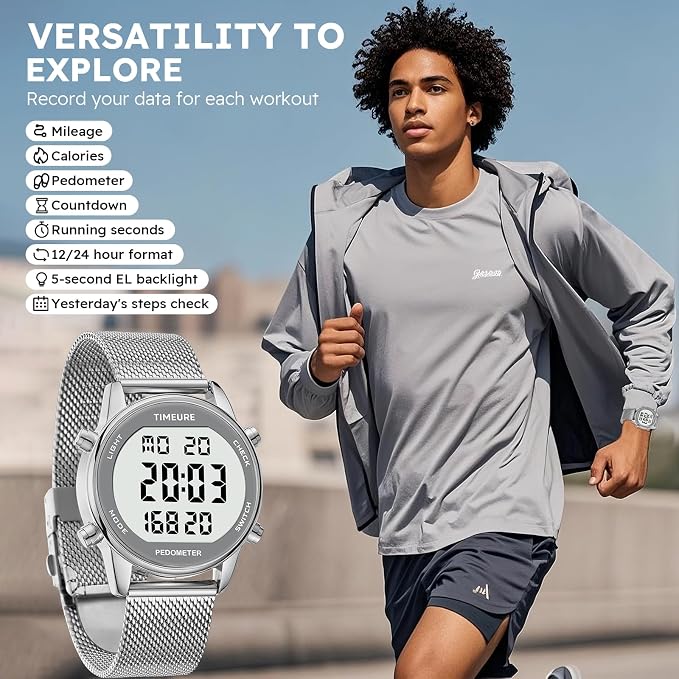 Men's Pedometer Watch with Stainless Steel Bracelet, Step Counter Watch No App - Image 2