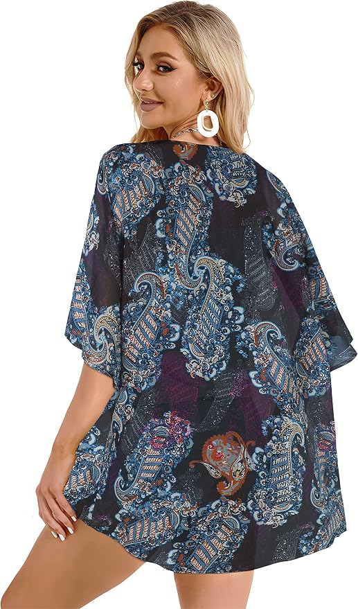 Women's Floral Print Puff Sleeve Kimono Cardigan Loose Cover Up Casual Blouse - Image 6