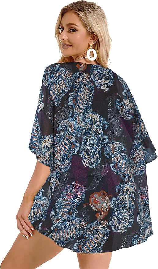 Women's Floral Print Puff Sleeve Kimono Cardigan Loose Cover Up Casual Blouse - Image 6