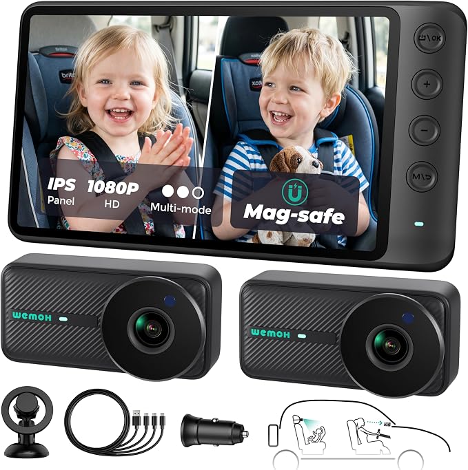 Magnetic Dual Baby Car Camera for Two Kids, 1080P IPS Display by WEMOH