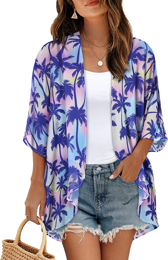 Women's Floral Print Puff Sleeve Kimono Cardigan Loose Cover Up Casual Blouse by CHICGAL