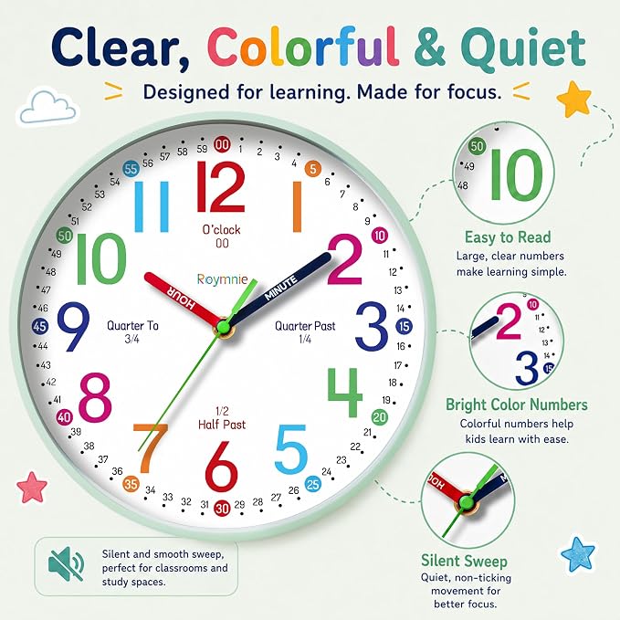 Roymnie Wall Clock 8 Inch for Kids Learning to Tell Time Easily Non Ticking - Image 7