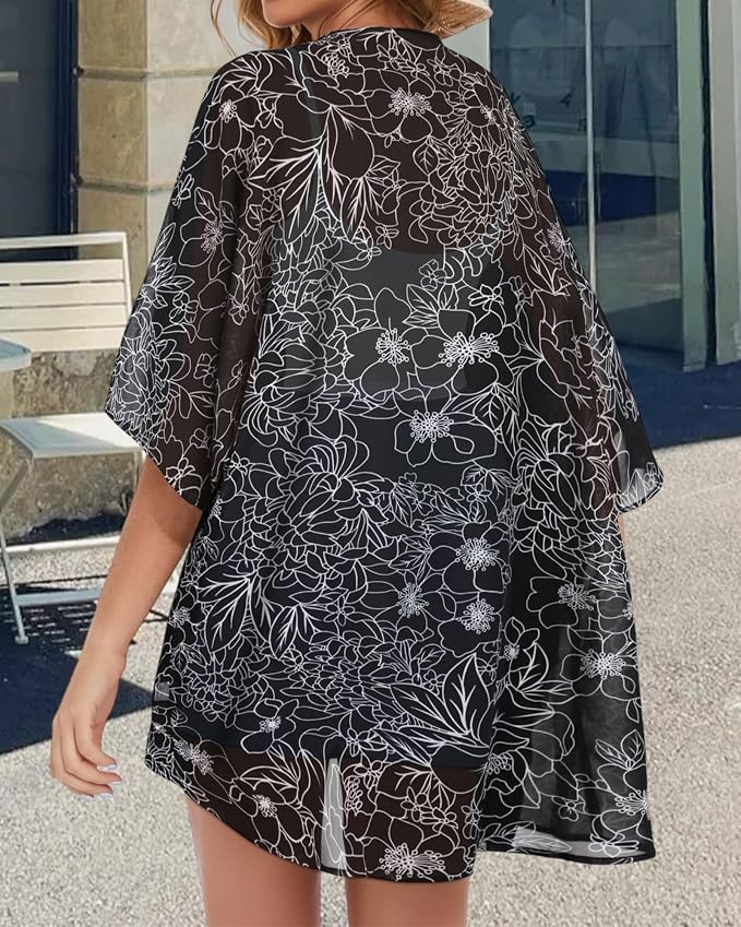 Women's Floral Print Puff Sleeve Kimono Cardigan Loose Cover Up Casual Blouse - Image 6