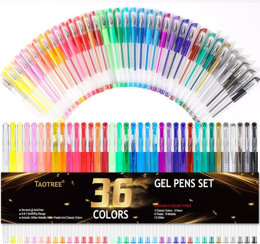 Taotree Glitter Gel Pens, 36 Color Neon Glitter Pens Fine Tip Art Markers Set 40% More Ink Colored Gel Marker for Coloring Book, Drawing, Coloring, Scrapbook, Journaling, Sparkle Easter Gifts kids