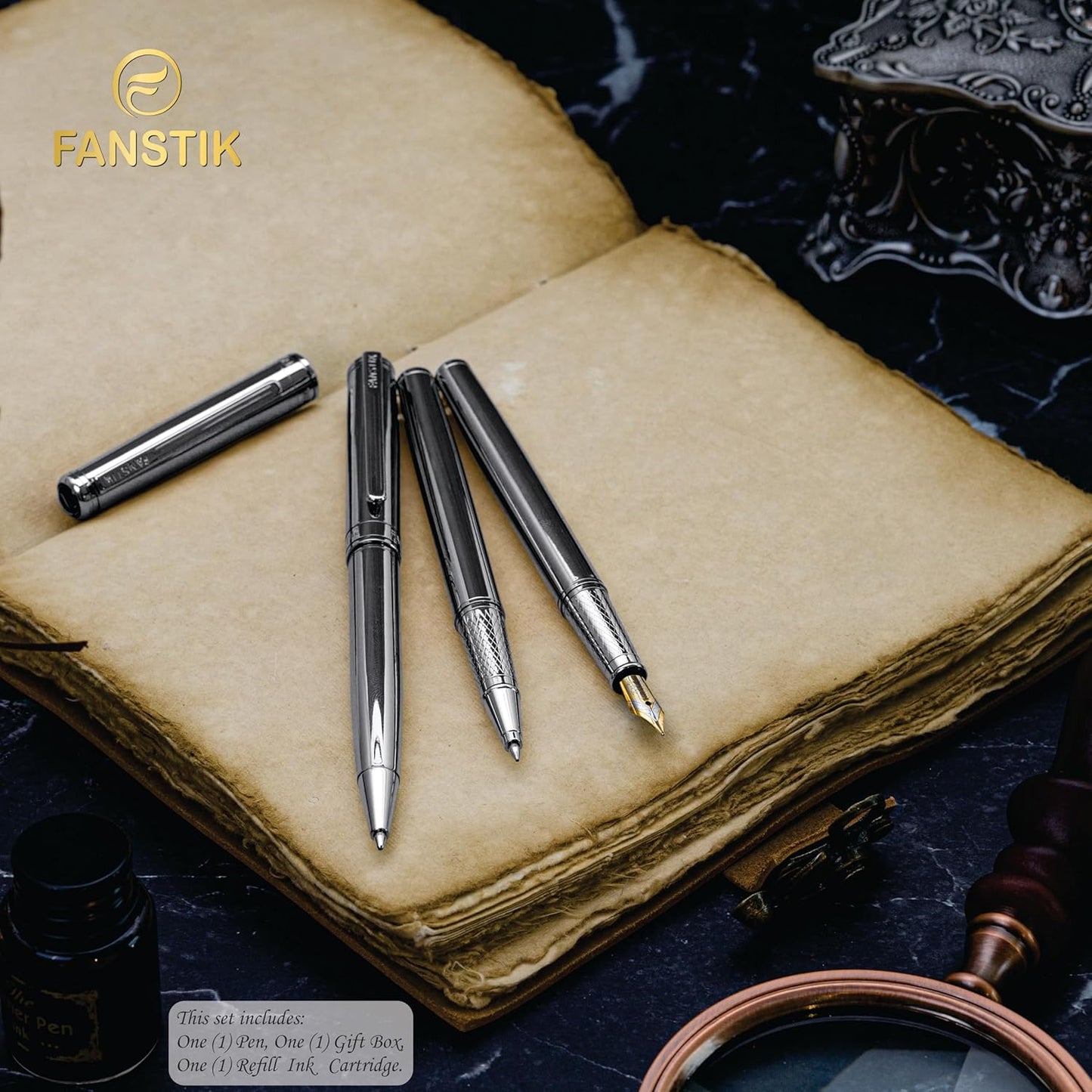 Customized Silver Luxury fountain pen (Made In USA) fancy gift set for women, Real 24K Gold Plating, Professional executive pen gift set for men (Lux Custom-fountain Silver)