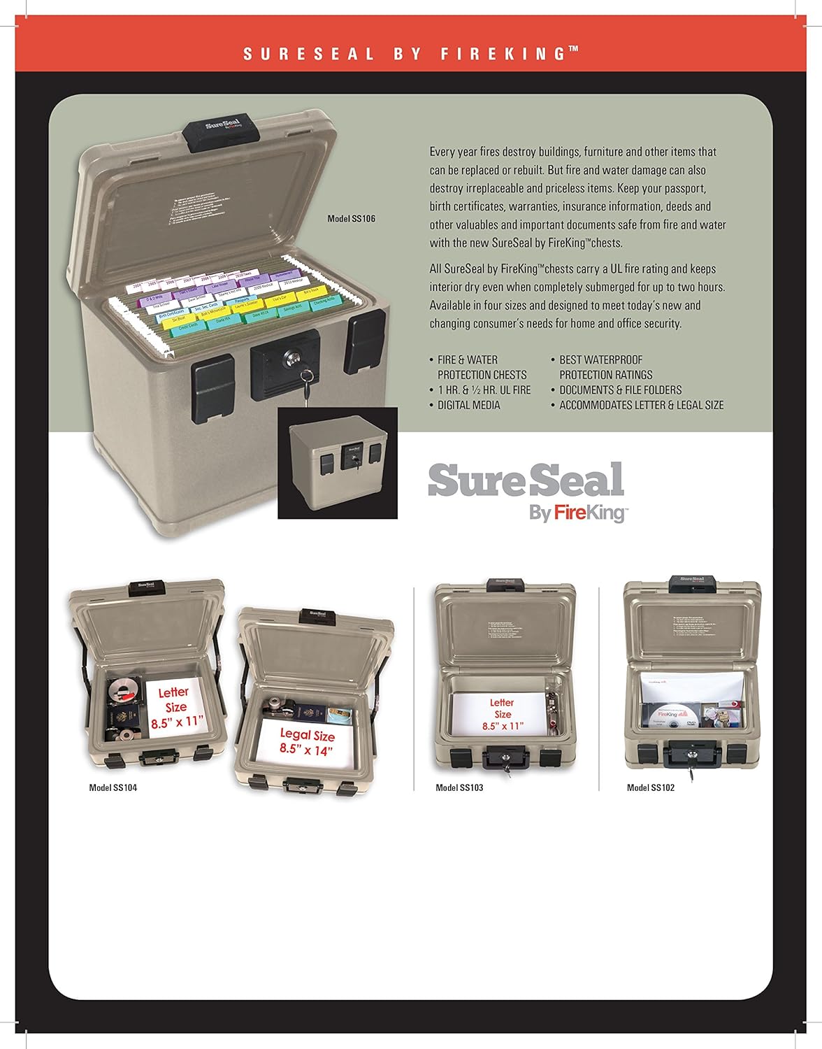 FireKing SureSeal Fire Safe with Key Lock, 1 Half Hour Fire Rated, UL Rated & 100 Hour Water Resistant Home Safe, Portable Home Safes, Taupe