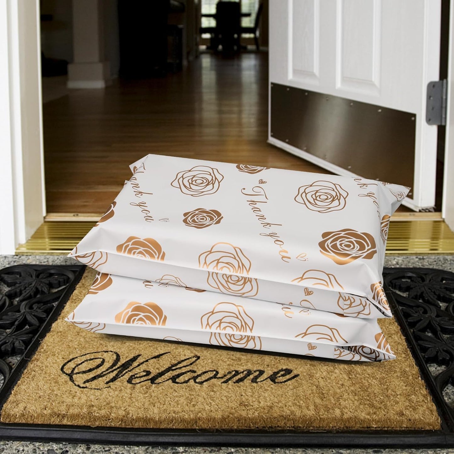 Thank You Poly Mailers 10x13 Inch 100 Pcs - Gold Rose Printed Shipping Bags for Clothing - Waterproof and Tear Resistant Mailing Envelopes - Self-Sealing Packaging Bags for Small Business