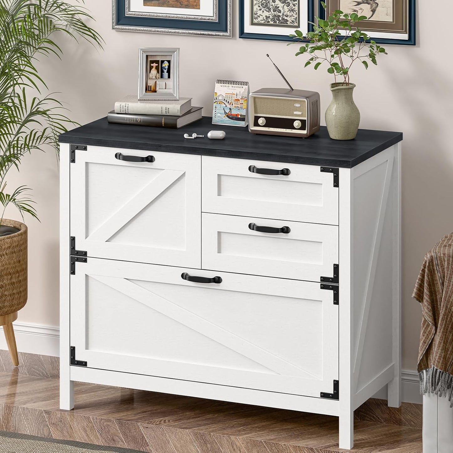 4-Drawer Wood Lateral File Cabinet for Hanging Files Letter/A4/Legal Size, Large Farmhouse File Cabinets for Home Office, Printer Stand with Office Cabinet, White and Black