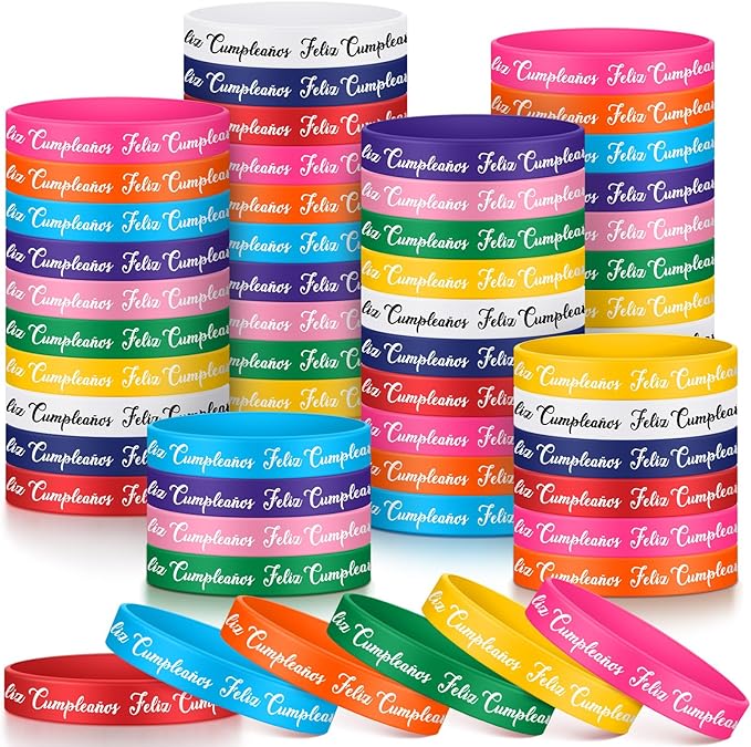 100 Pcs Spanish Happy Birthday Rubber Bracelets Bulk 10 Assorted Color Feliz by Cunno