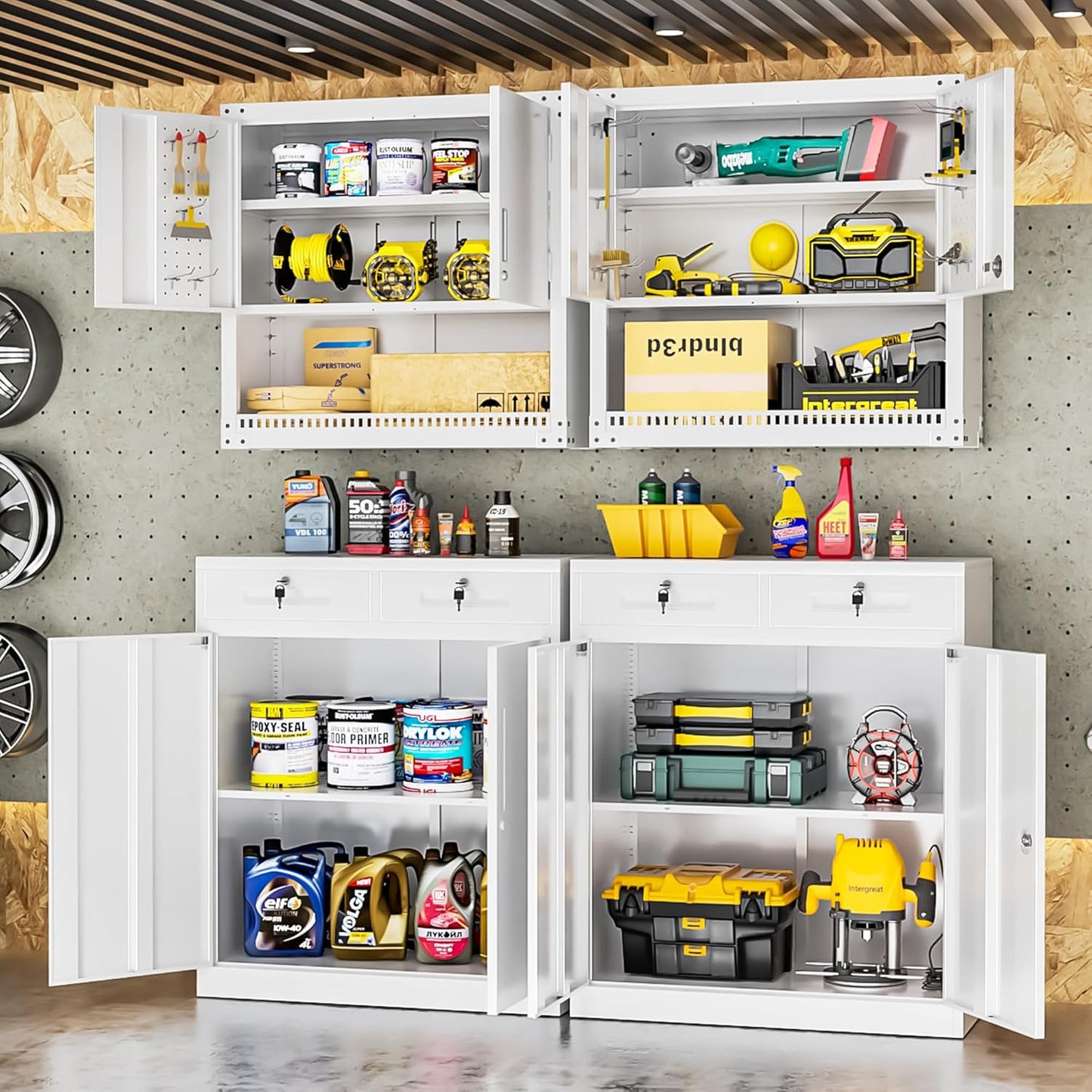 INTERGREAT Metal Cabinet with Drawers, Lockable Metal Storage Cabinets with Doors and Shelves for Garage, White Locking Garage Storage Cabinets 36"×32"×16"