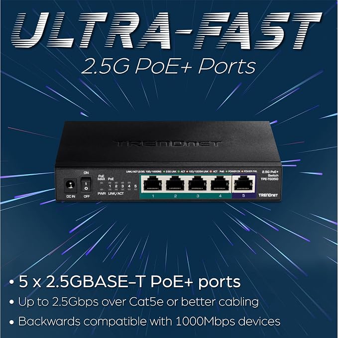 TRENDnet 5-Port Unmanaged 2.5G PoE+ Switch, Compact Desktop Design, Metal - Image 3