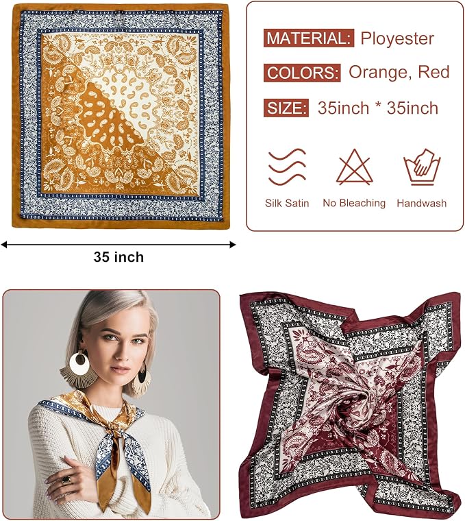 Senker Fashion 35" Head Scarf for Women, Pirate Costume Accessories Silk Red - Image 2