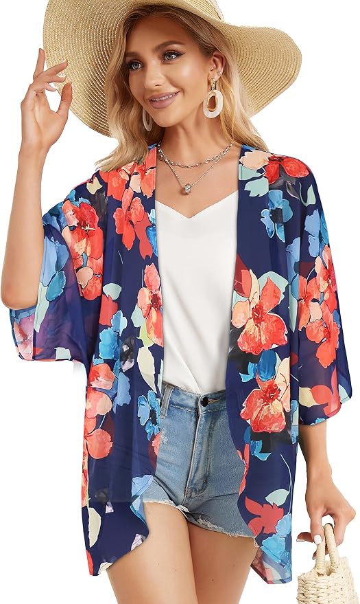 Women's Floral Print Puff Sleeve Kimono Cardigan Loose Cover Up Casual Blouse - Image 3