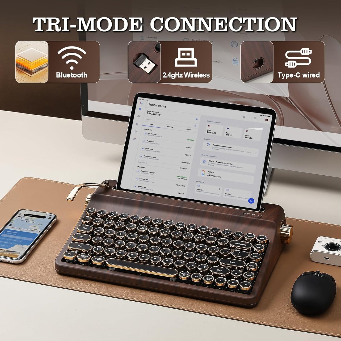 YUNZII QL75 Wireless Typewriter Hot Swap Retro Mechanical Keyboard,Punk Round Keycaps,RGB Backlit QMK/VIA Programmable, Multi-Device Keyboard with 2.4GHz/Type-C/BT5.0 (Wood, Onyx Switch)