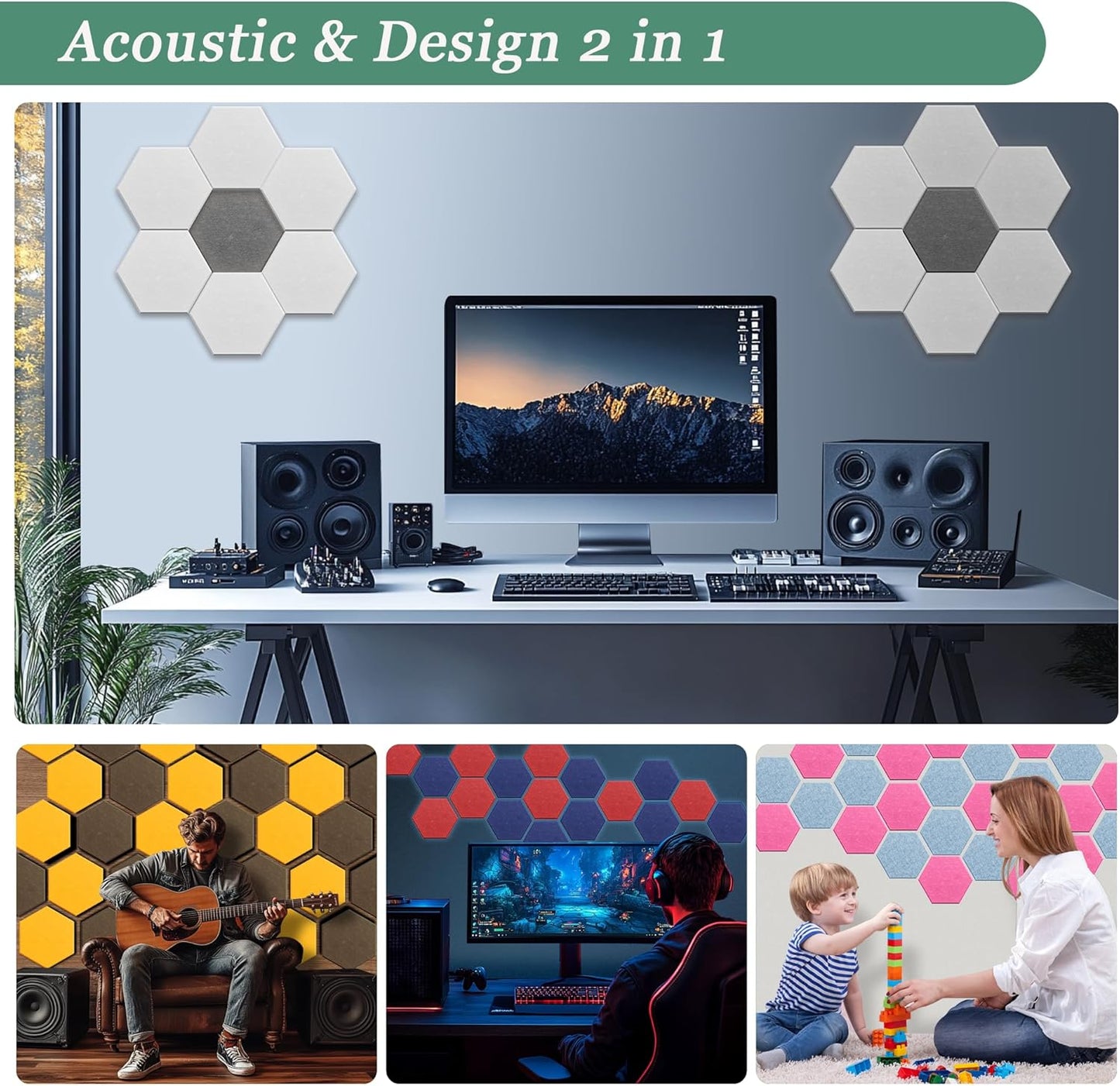 Hexagonal Acoustic Panels-12 Pack High-Density Sound Absorbing Panels 12"X10"X0.4" for Enhanced Noise Reduction, DIY Design, Idea for Studios, Offices, and Home Theaters(Lush Green)