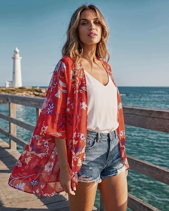 Women's Floral Print Puff Sleeve Kimono Cardigan Loose Cover Up Casual Blouse - Image 3
