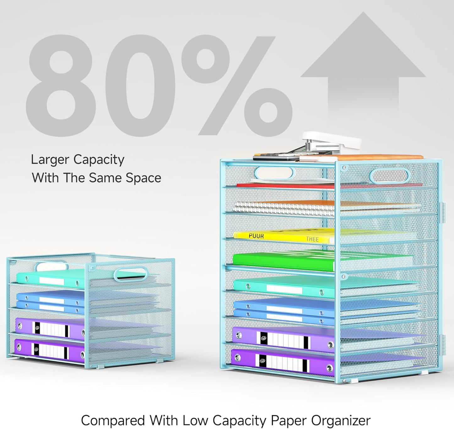 9 Tier Paper Organizer with Handle, Large Capacity Desk Organizer Mesh Paper Letter Tray File Folder Document Sorter for Classroom and Office Accessories Organization- Blue (2 Pack)