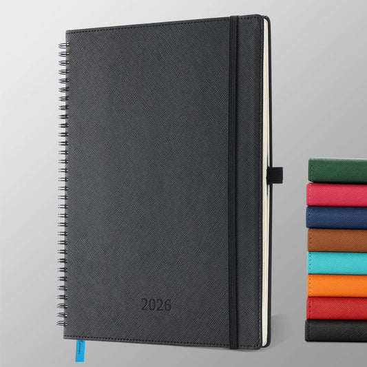 Planner 2026 Daily Weekly and Monthly,11.5"x8.5",12 Months Spiral Bound Calendar Agenda with Self-adhesive Pen Holder,2026 Appointment Book with Vegan Leather Soft Cover,Black