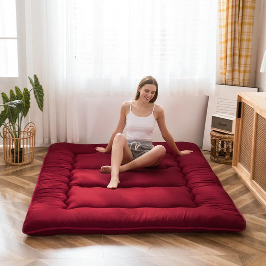 MAXYOYO Japanese Floor Mattress Futon Mattress, Thicken Sleeping Pad Foldable Roll Up Floor Futon for Adults Tatami Mat Dormitory Bed Lounger, Burgundy, Full Size