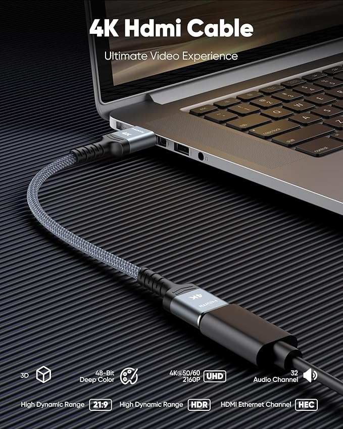 Highwings Ultra‑Short HDMI Cable, 1.06ft Total Length, Braided 4K HDR Cord - Image 5