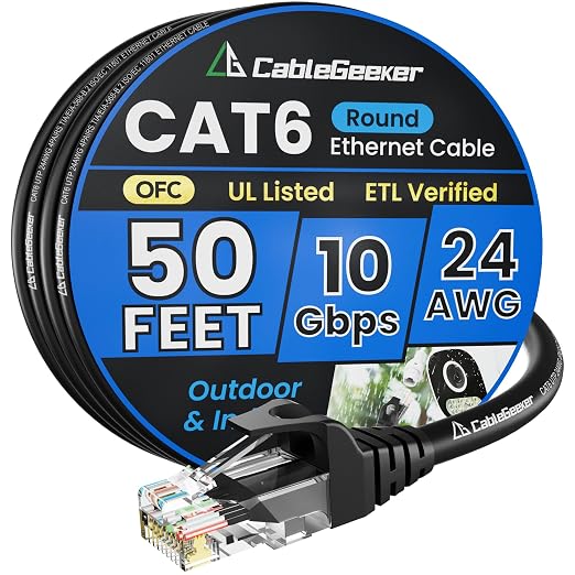 Cat 6 Ethernet Cable 50 ft, Indoor&Outdoor, High Speed 10Gbps 24AWG Pure Copper by CableGeeker