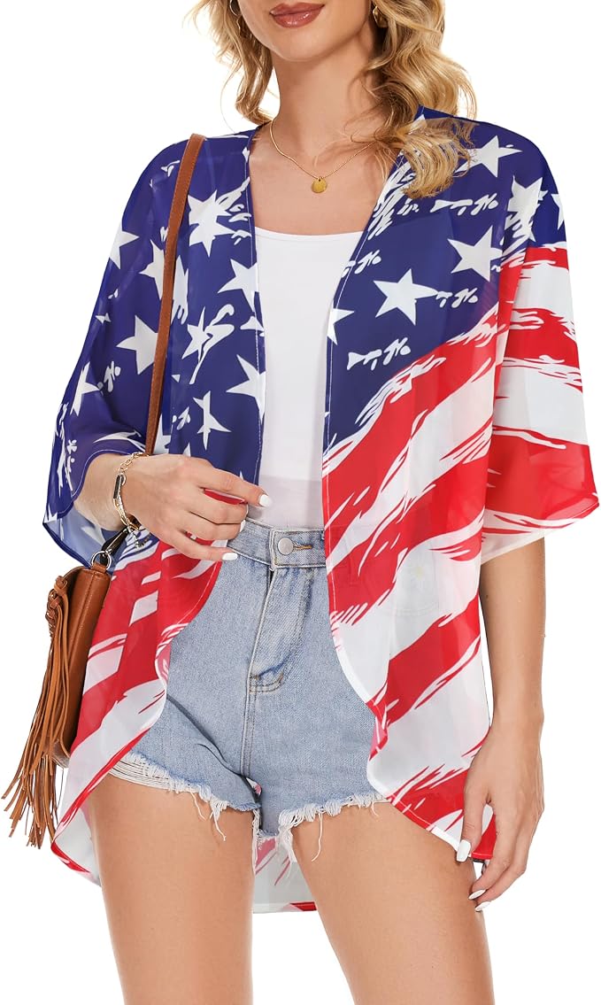 Women's Floral Print Puff Sleeve Kimono Cardigan Loose Cover Up Casual Blouse - Image 3