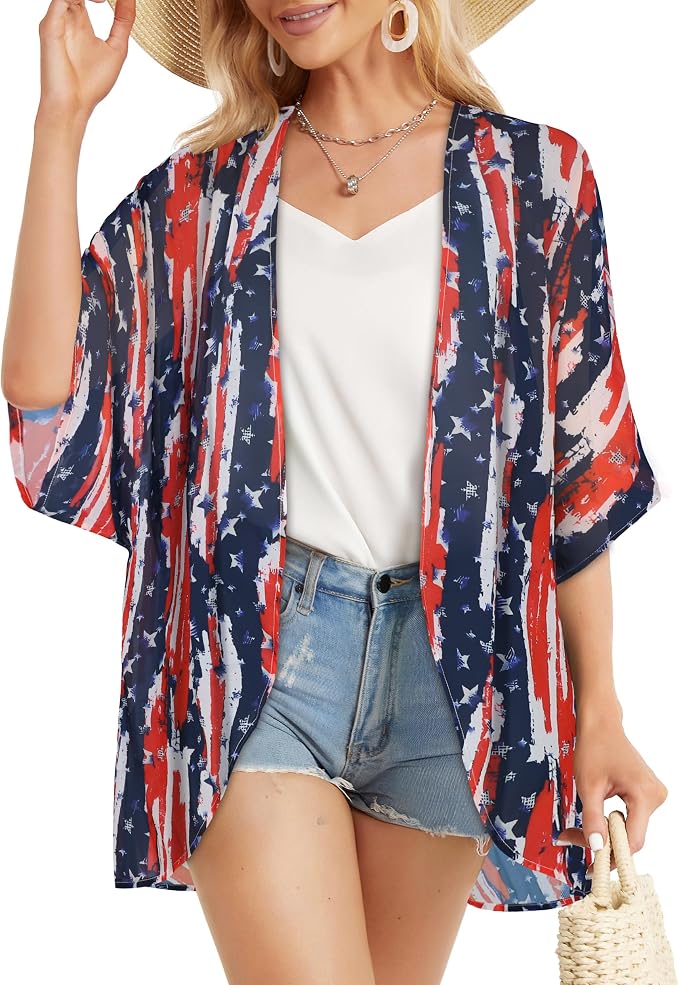 Women's Floral Print Puff Sleeve Kimono Cardigan Loose Cover Up Casual Blouse - Image 3