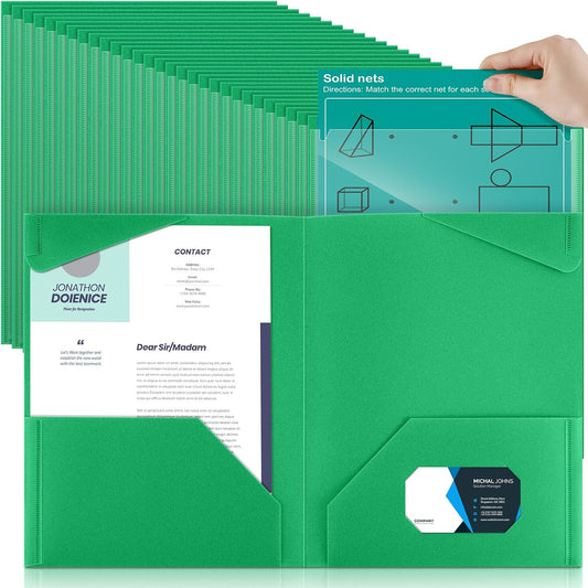 Henoyso 100 Pcs Plastic Folders with Clear Front Pockets Bulk Heavy Duty File Folders with 2 Pockets and Card Slot for Student Teacher Back to School Supplies Office Presentation (Green)