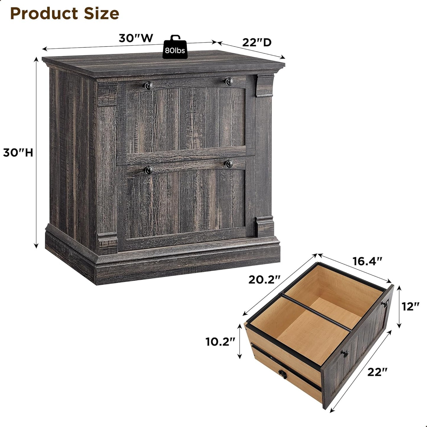 OKD Farmhouse File Cabinet with 2 Drawers, 30" Lateral Filing Cabinet, Hanging File Folders, Interlocking Drawers, Rustic Oak Wood, Brown, Home Office, Living Room, 30" x 22" x 10.2"