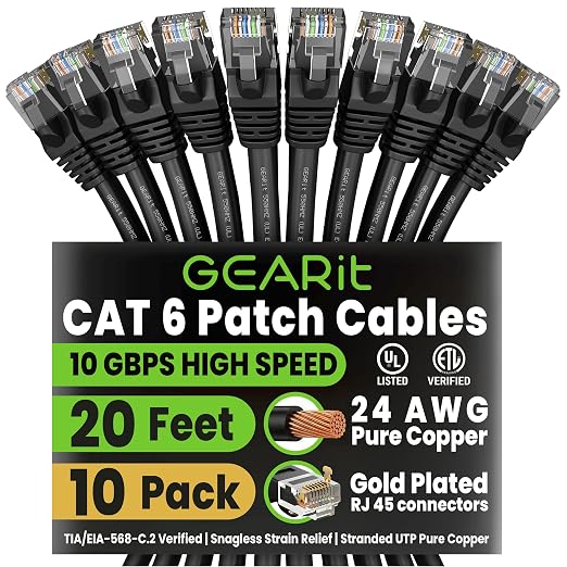 GEARit Cat 6 Ethernet Patch Cable 20 ft Black Cat6 Patch Cables 20ft by GEARit