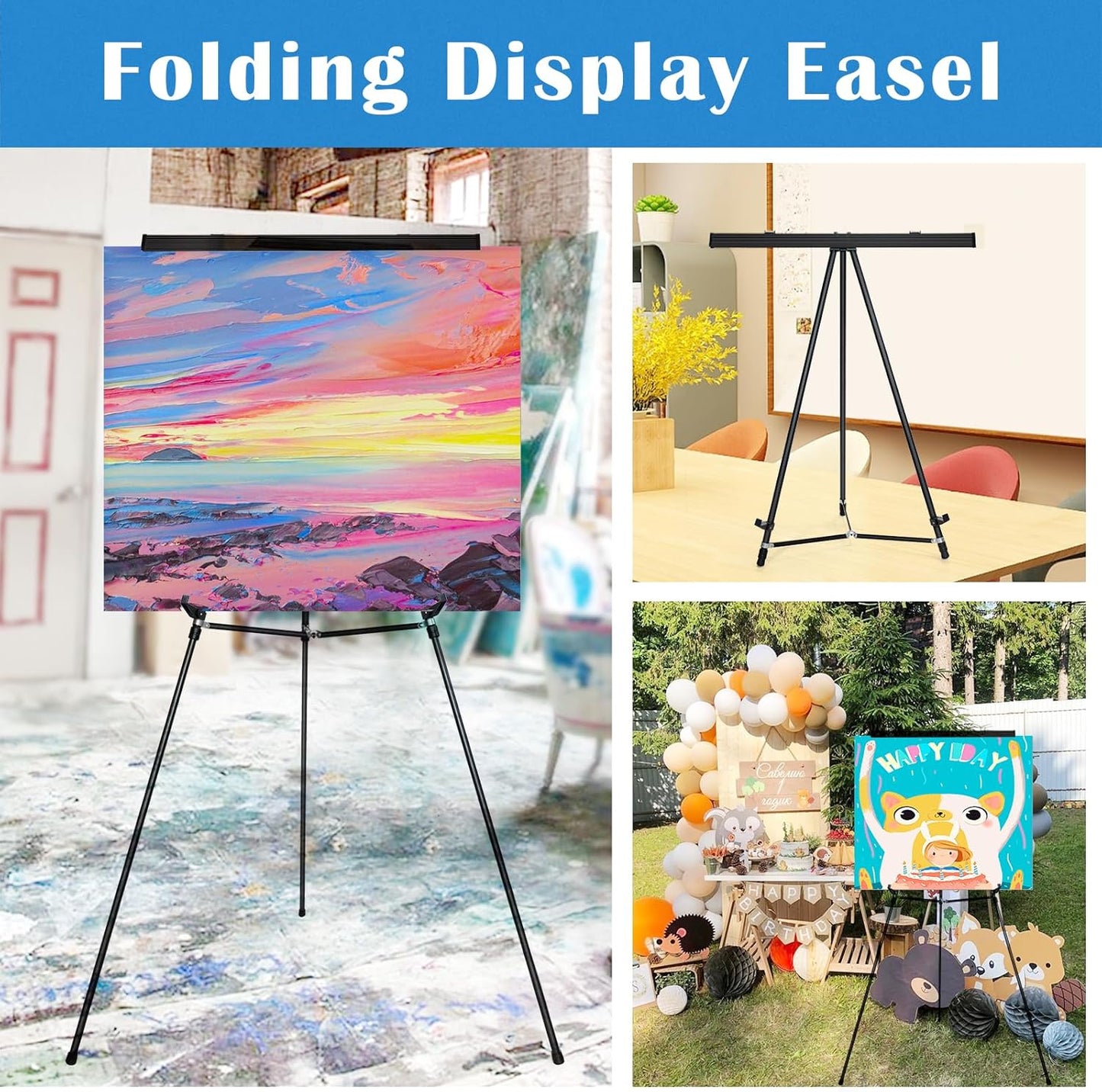 Falling in Art Aluminum Flip Chart Display Easel Stand with Adjustable Floor for Boardroom, Whiteboard, Paper Pads, Signage, 63 1/2'' High, Black 4 PACK