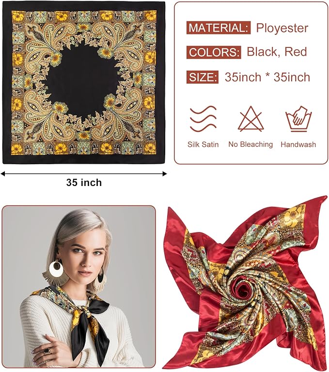 Senker Fashion 35" Head Scarf for Women, Pirate Costume Accessories Silk Red - Image 2
