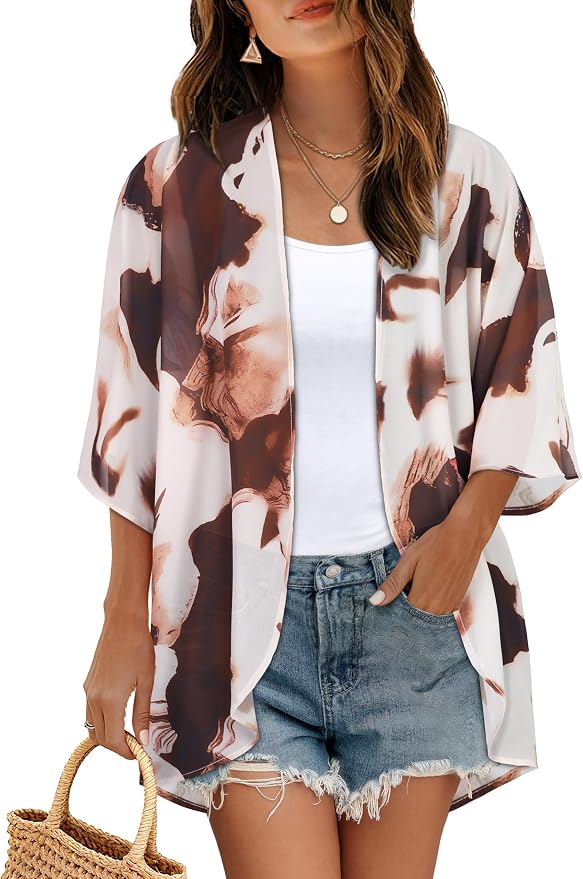 Women's Floral Print Puff Sleeve Kimono Cardigan Loose Cover Up Casual Blouse by CHICGAL