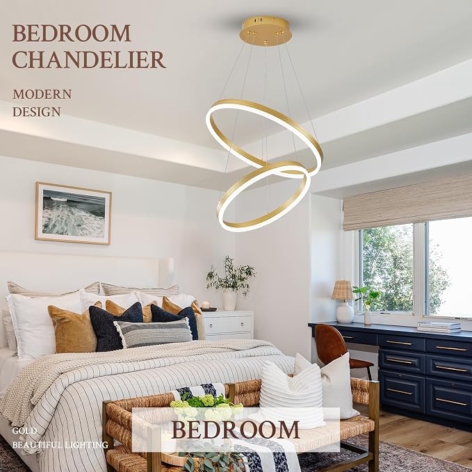 Modern LED Chandelier Gold 2-Rings Pendant Light Circular Flush Mount Ceiling - Image 9
