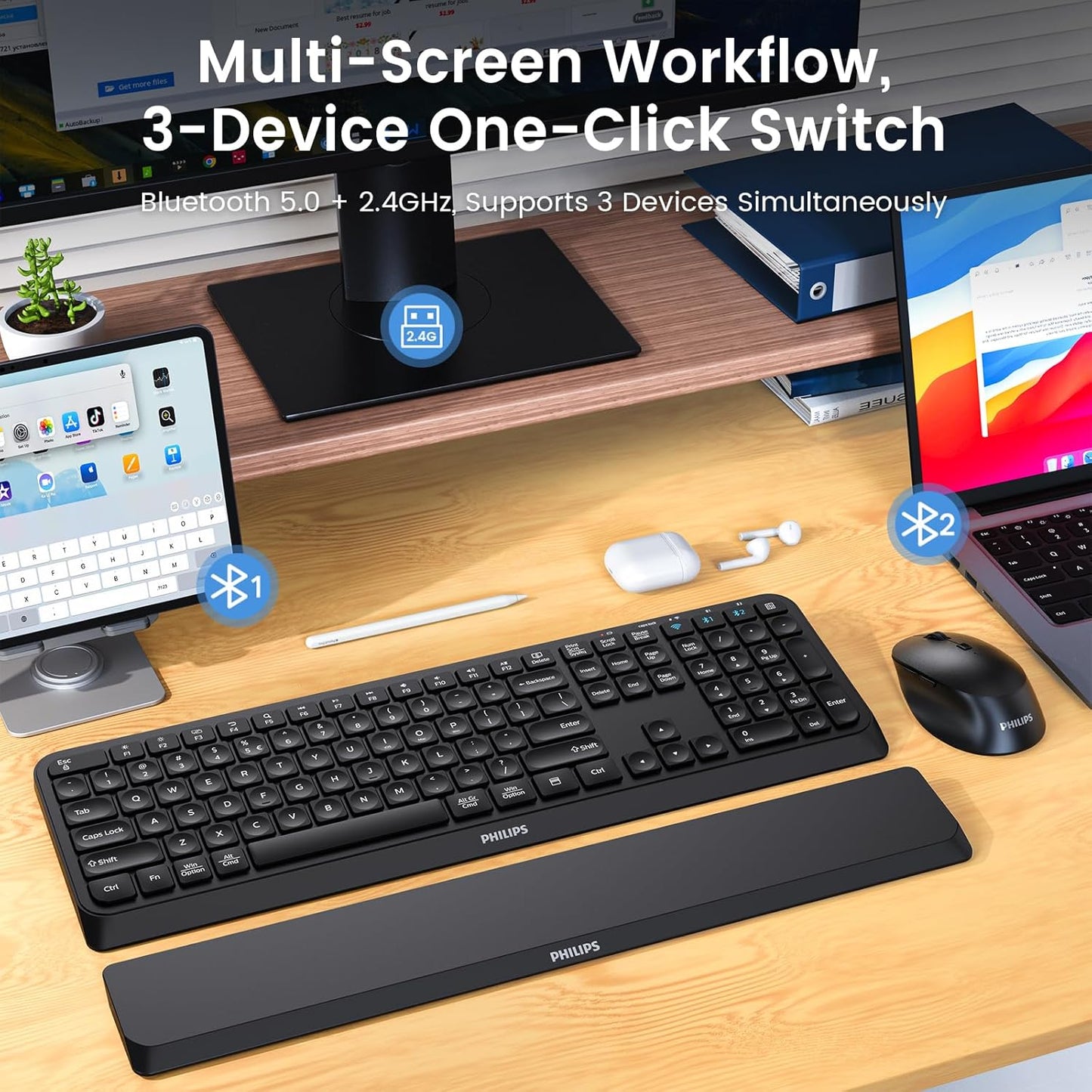 PHILIPS Bluetooth Keyboard and Mouse Combo - Bluetooth 2.4Ghz Wireless Keyboard and Mouse,Ergonomic Design with Palm Rest,3-Device Connectivity, 5 DPI Mouse, Long Battery for Office & Home -Black