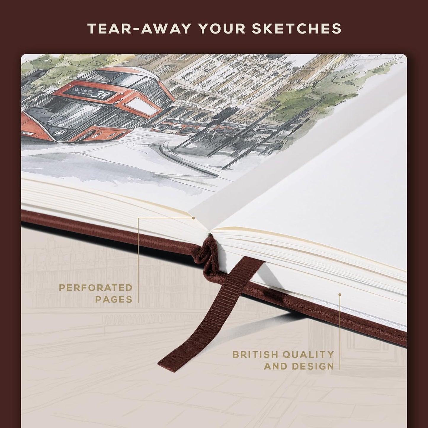 Beechmore Books A4 Sketchbook – 8.5x11 Premium Vegan Leather Bound Large Sketch Book Hardcover with 156 Thick 160gsm Perforated Ivory Pages, Blank Sketch Pad, Gift Boxed, Back Pocket, Ribbon Bookmark