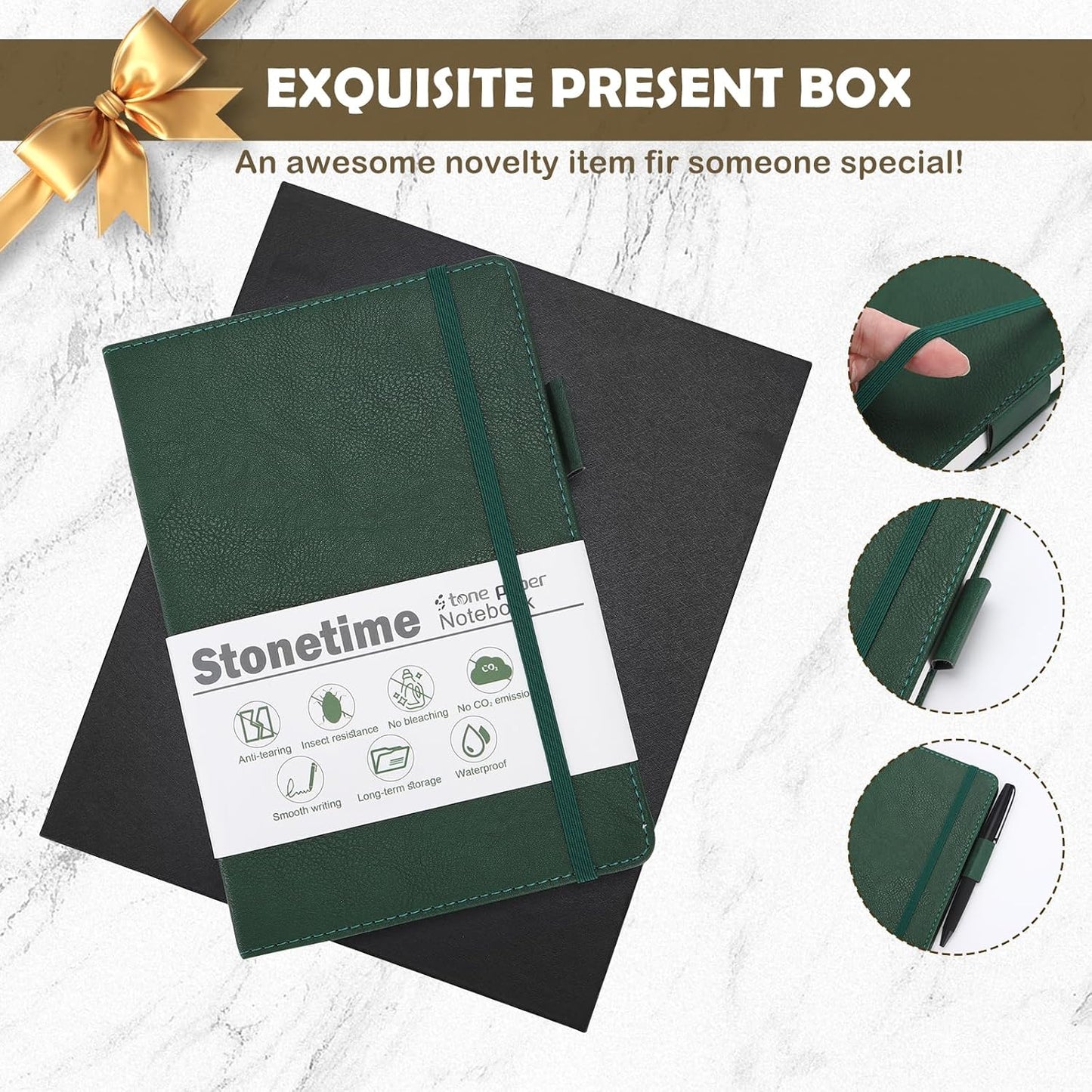 Stone Paper Notebook for Women Men, Waterproof Notebook Hardcover Executive Journal, Ruled Notebooks for Writing, Business, Work ＆ School, 160 Pages Notebook with Gift Box (B5 Green)
