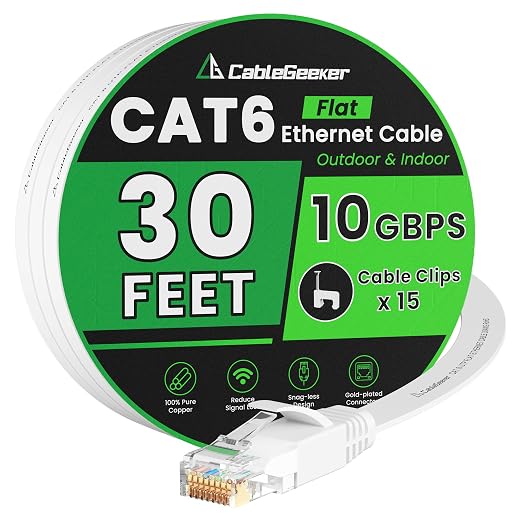 Cat 6 Ethernet Cable 30 ft, Indoor&Outdoor, High Speed 10Gbps Flat Internet by CableGeeker