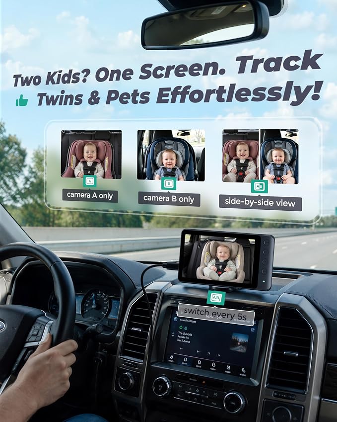 Magnetic Dual Baby Car Camera for Two Kids, 1080P IPS Display - Image 3