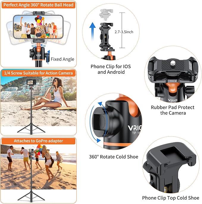 VRIG TP16 Camera Tripod, 5 Levels Adjustment 360° Ball Head Loads Up - Image 4