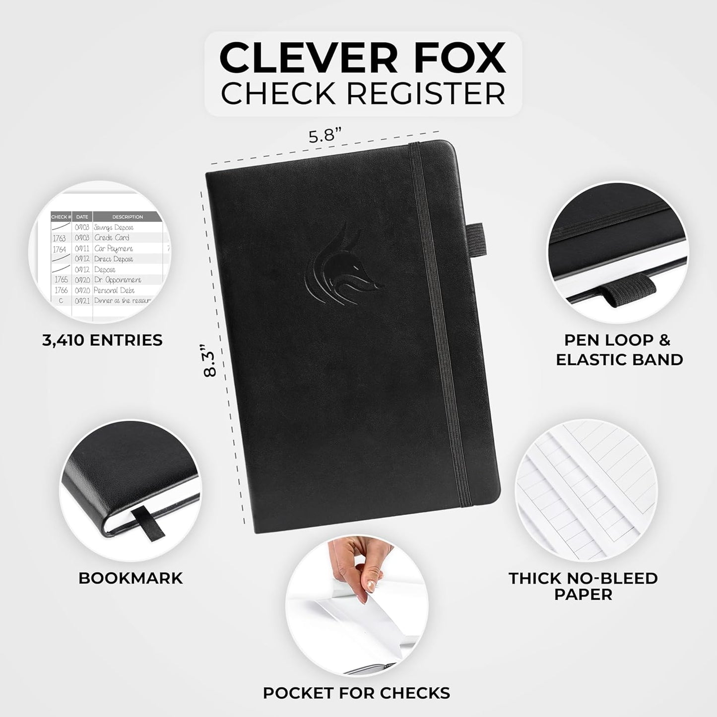 Clever Fox Check Register Book - Deluxe Transaction Register, Accounting Ledger Book, Checkbook Register & Checking Account Register Book for Personal and Work Use, A5 Hardcover - Black