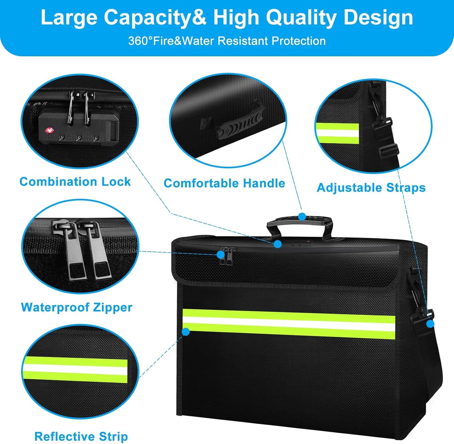 Large Fireproof Money Bags with Lock-6500°F Fireproof Document Box,10 Layers Insulation Materials&Waterproof Zipper,Removable Folder Layers/Wallet,Reflective Strip for Valuables(16.5”x 12.4”x 5.5”)