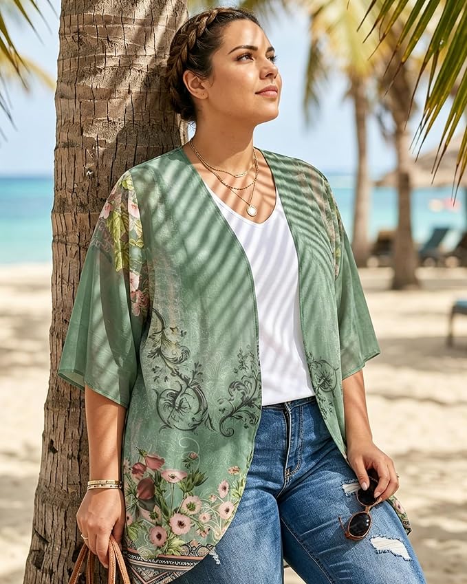 Women's Floral Print Puff Sleeve Kimono Cardigan Loose Cover Up Casual Blouse - Image 5