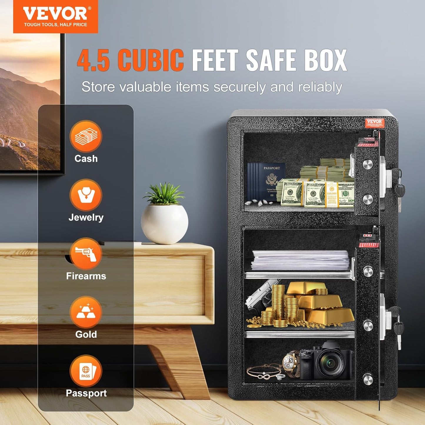 VEVOR Double Doors 4.5 cu.ft Safe Box with Key Lock & Password, Safe Lock Box with Fireproof Bag, Key Rack, LED Light and 2 Height Adjustable and Removable Divider for Money, Documents, Black