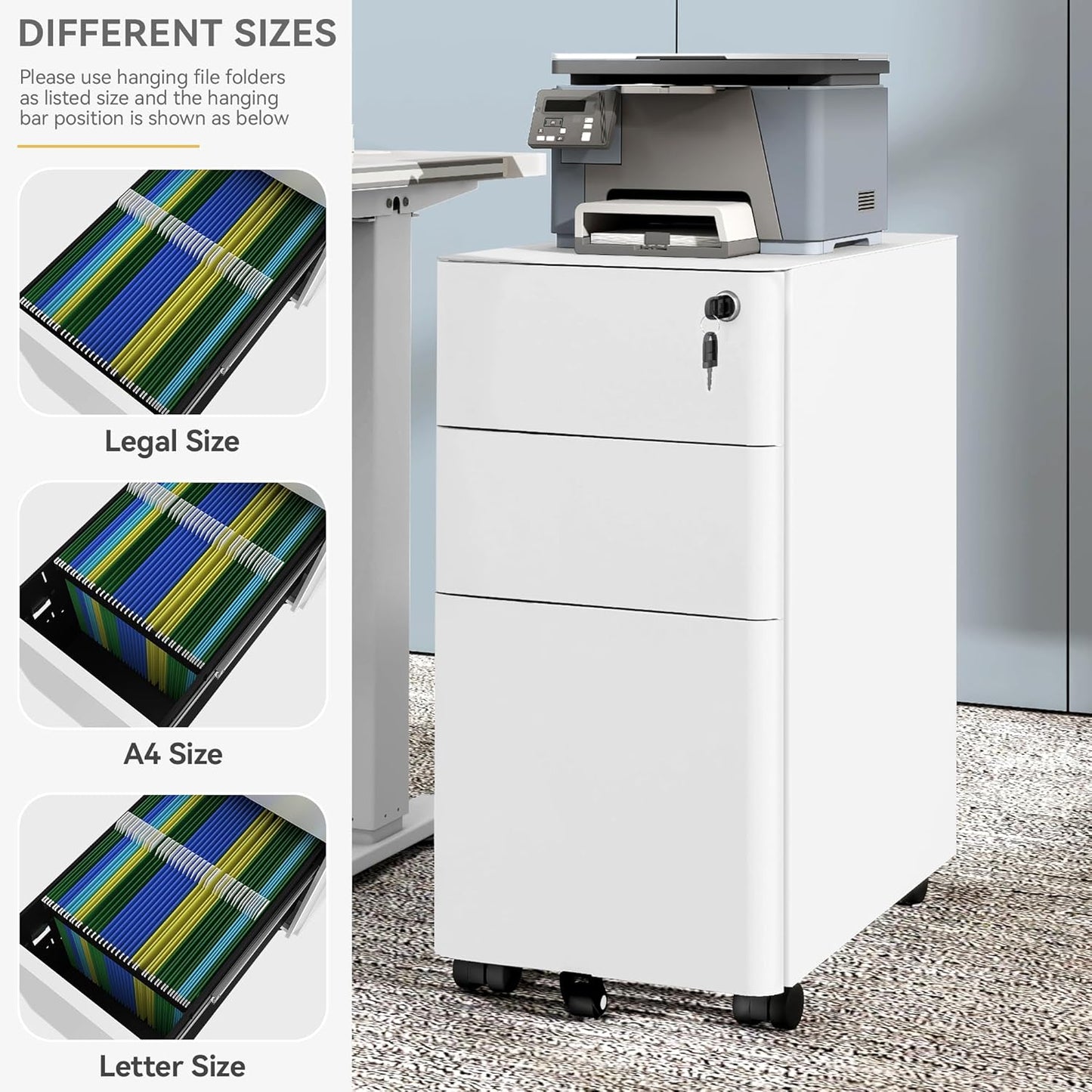 DWVO 3-Drawer Vertical File Cabinet, Mobile Filing Cabinet with Lockable, Pre-Assembled Compact Slim File Cabinet, Portable Office Storage for A4/Letter/Legal Documents (White)