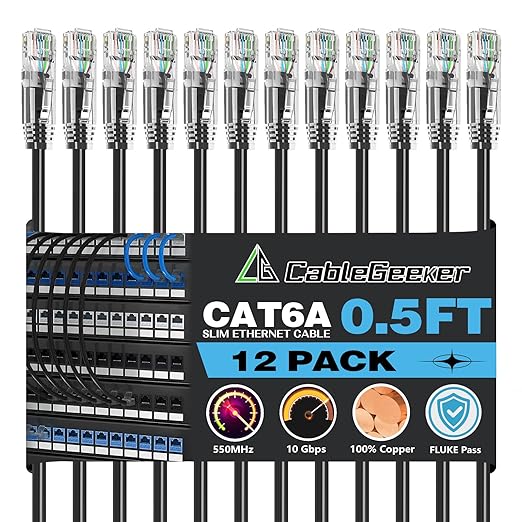 CableGeeker Patch Cables Cat6a 0.5ft Slim, Cat6 Ethernet Patch Cable 10G Support by CableGeeker