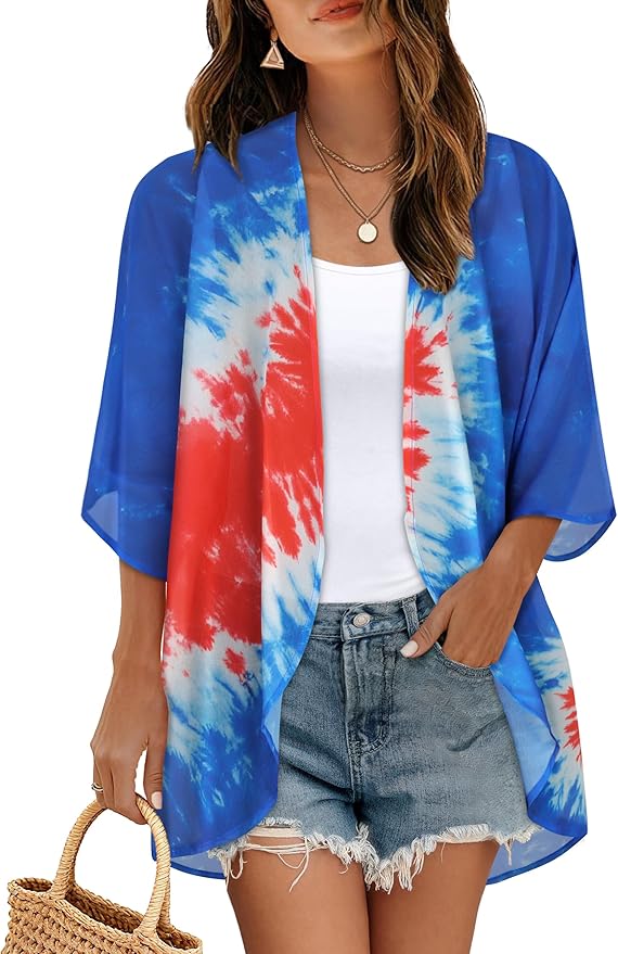 Women's Floral Print Puff Sleeve Kimono Cardigan Loose Cover Up Casual Blouse by CHICGAL